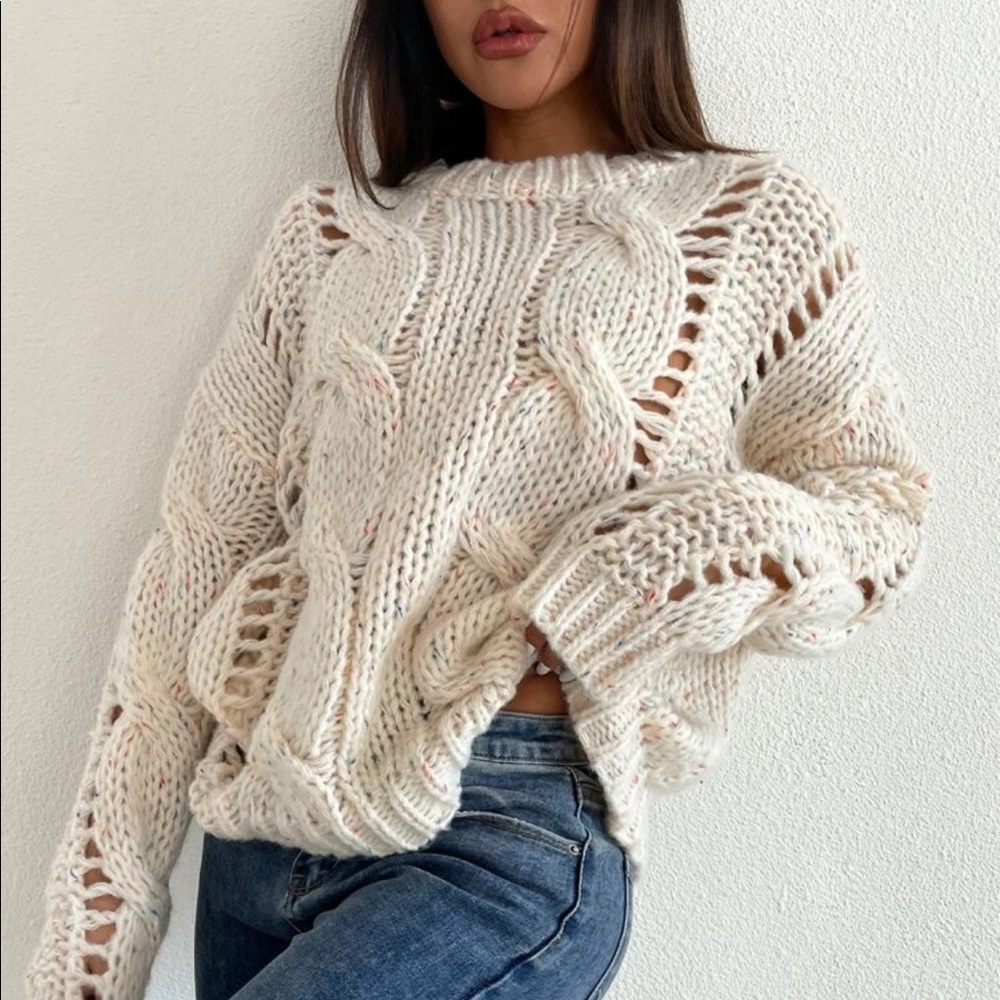 Sweater chunky chic cream white long sleeve crew neck thick cable knit - Picture 2 of 6